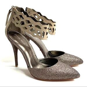 REBECCA TAYLOR Skylar Glitter Pumps Silver suede stiletto heels womens size 7.5